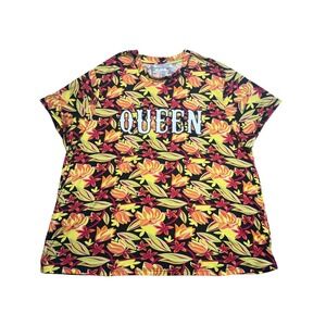 Just One Womens 2X Queen Graphic Floral T-Shirt Yellow Orange Short Sleeve Tee